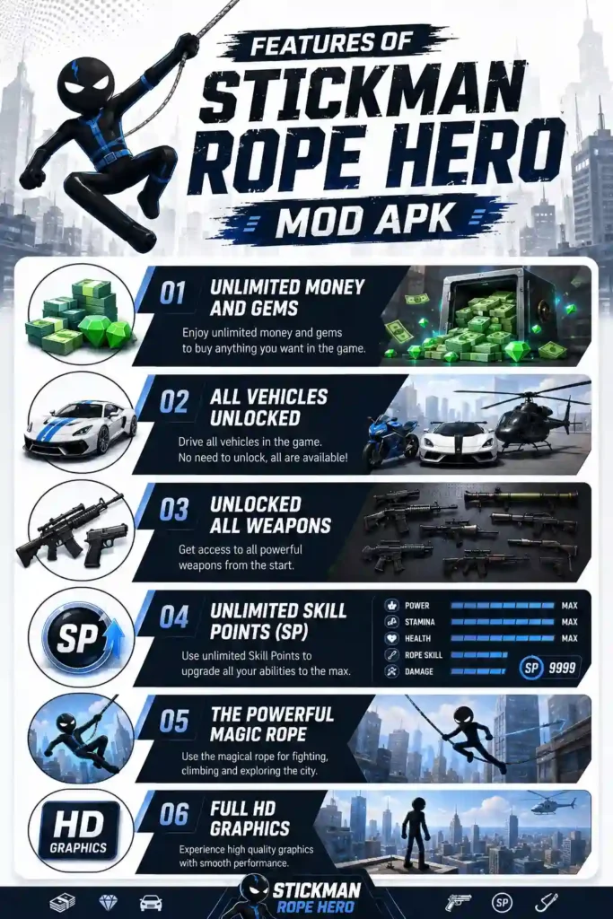 Features of Stickman Rope Hero Mod APK